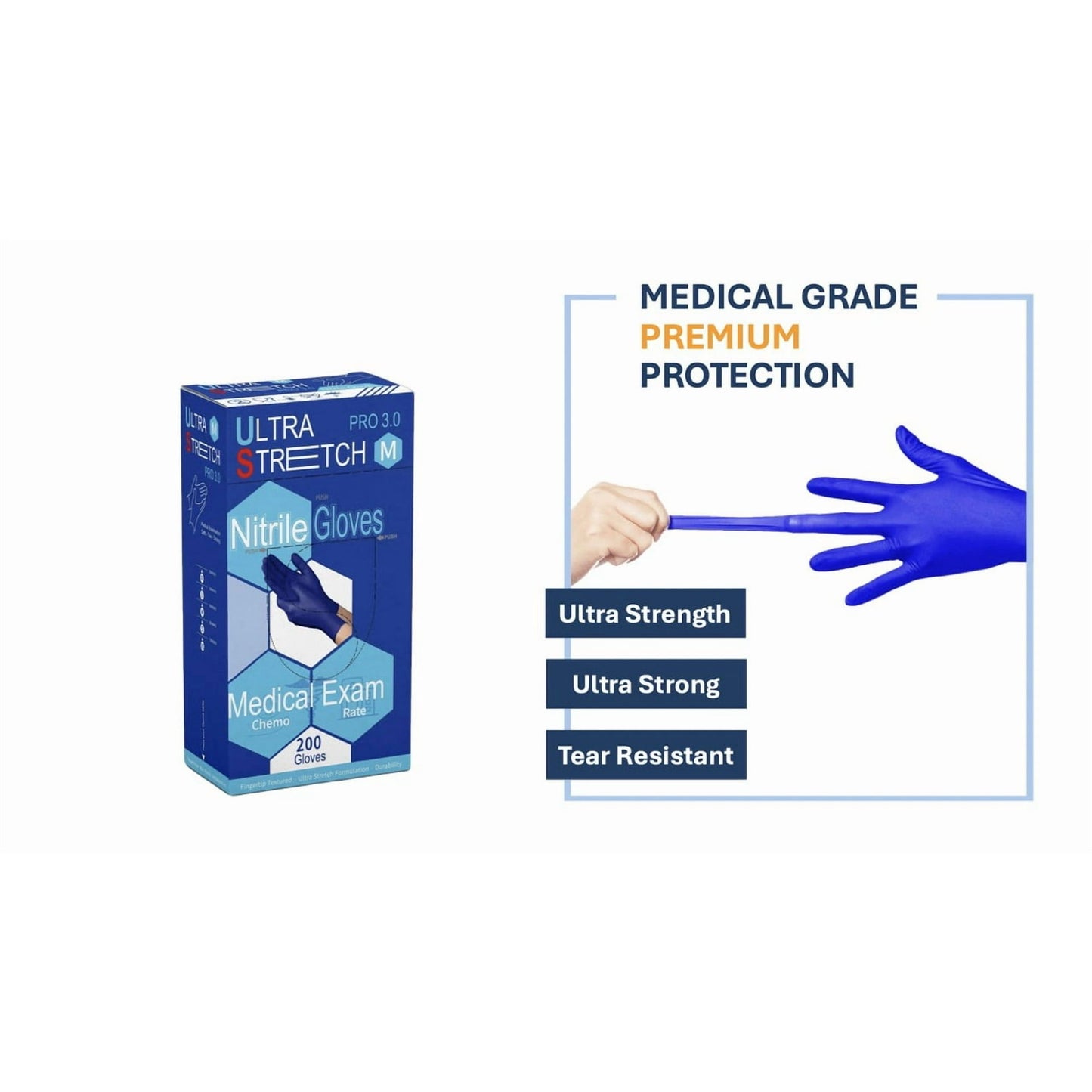 200 pcs Bulk Ultra Stretch Professional 3.0 Nitrile Gloves Disposable Latex Free, Premium Stretch, Medical