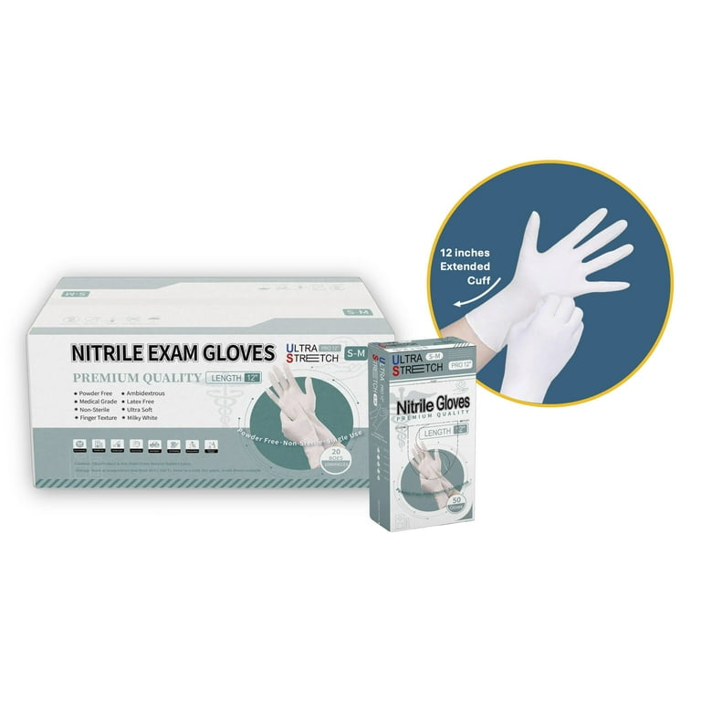 Ultra Stretch Professional 12 inch White Nitrile Exam Gloves, 7 Mil, Disposable Gloves, THE ORIGINAL Nitrile, Medical, Food Service, Cleaning, 1,000 Pieces/Case